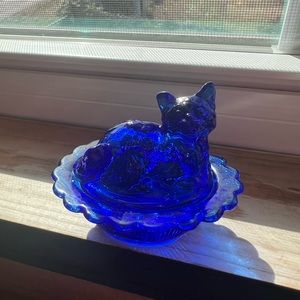 Mosser Glass Cobalt blue Mini Cat Salt on Basket